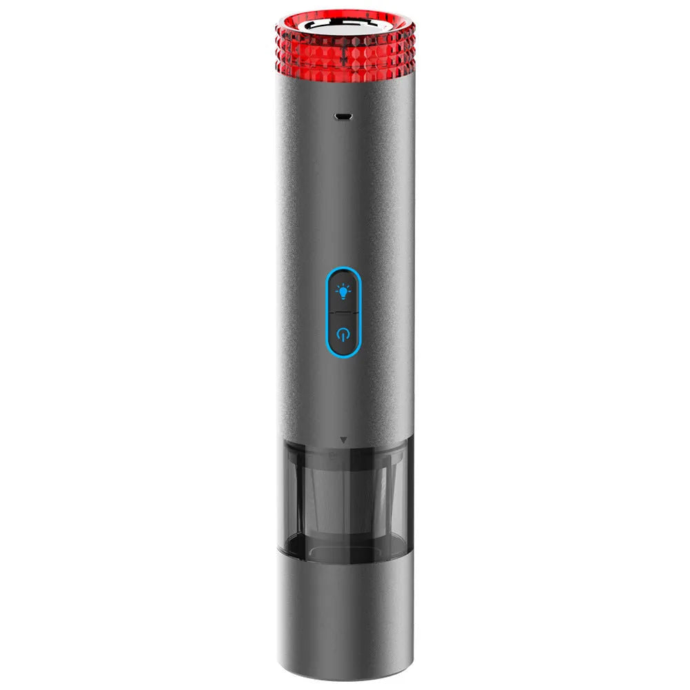 Black V6 portable handheld car vacuum cleaner with integrated LED work light.