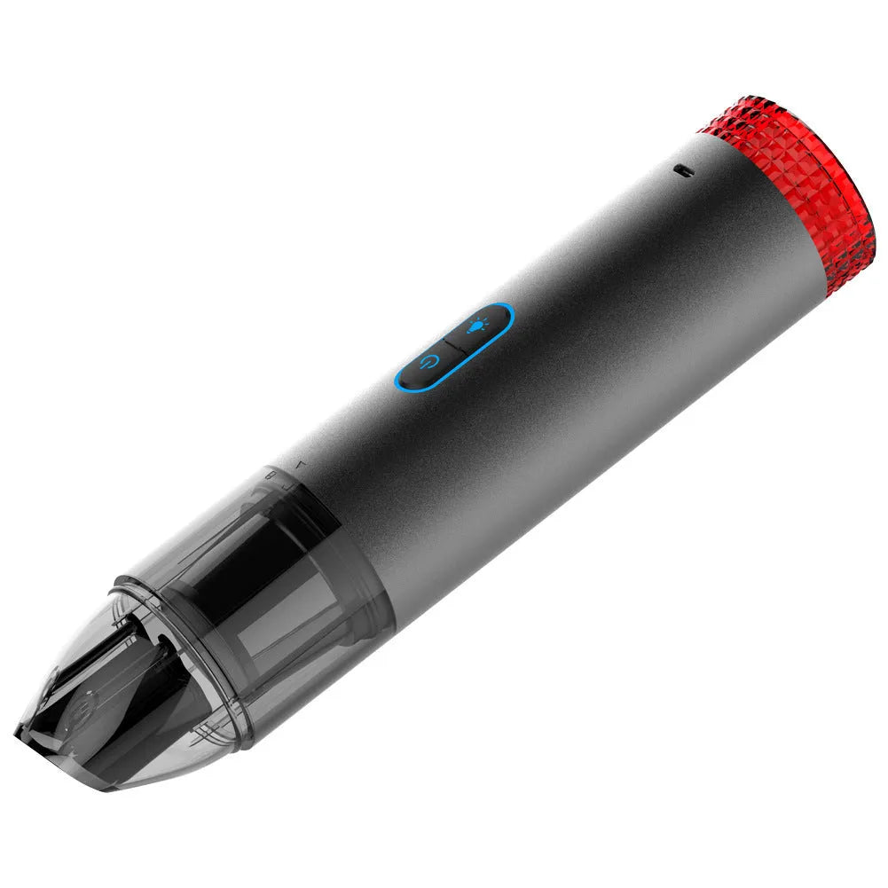 Black V6 portable handheld car vacuum cleaner with integrated LED work light.