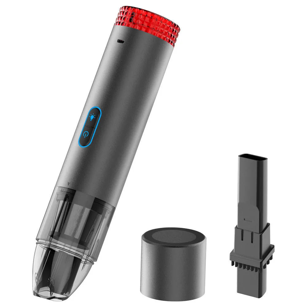 Black V6 portable handheld car vacuum cleaner with integrated LED work light.