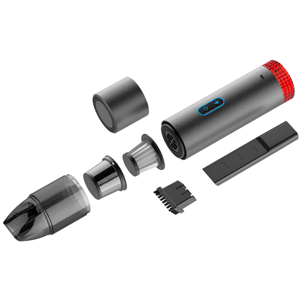 Black V6 portable handheld car vacuum cleaner with integrated LED work light.