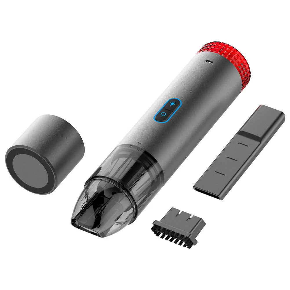 Black V6 portable handheld car vacuum cleaner with integrated LED work light.