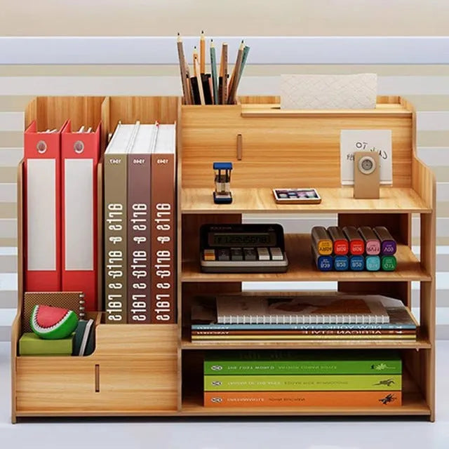 Wooden student dormitory storage box with bookshelf, stationery storage, and pumping tissues holder, 28 x 29 x 39 cm, in cherry wood finish