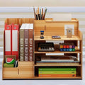 Wooden student dormitory storage box with bookshelf, stationery storage, and pumping tissues holder, 28 x 29 x 39 cm, in cherry wood finish