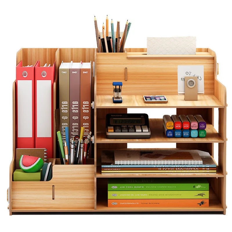 Wooden student dormitory storage box with bookshelf, stationery storage, and pumping tissues holder, 28 x 29 x 39 cm, in cherry wood finish
