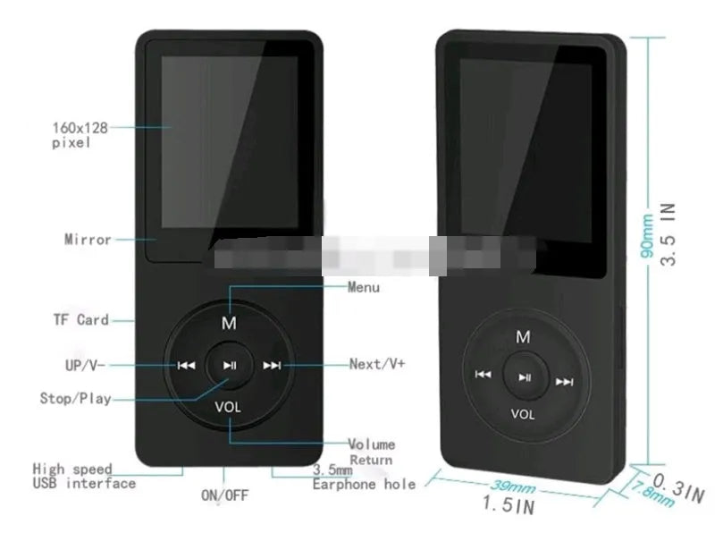 Compact black MP4 player with 1.8 inch colour screen showing media playback interface