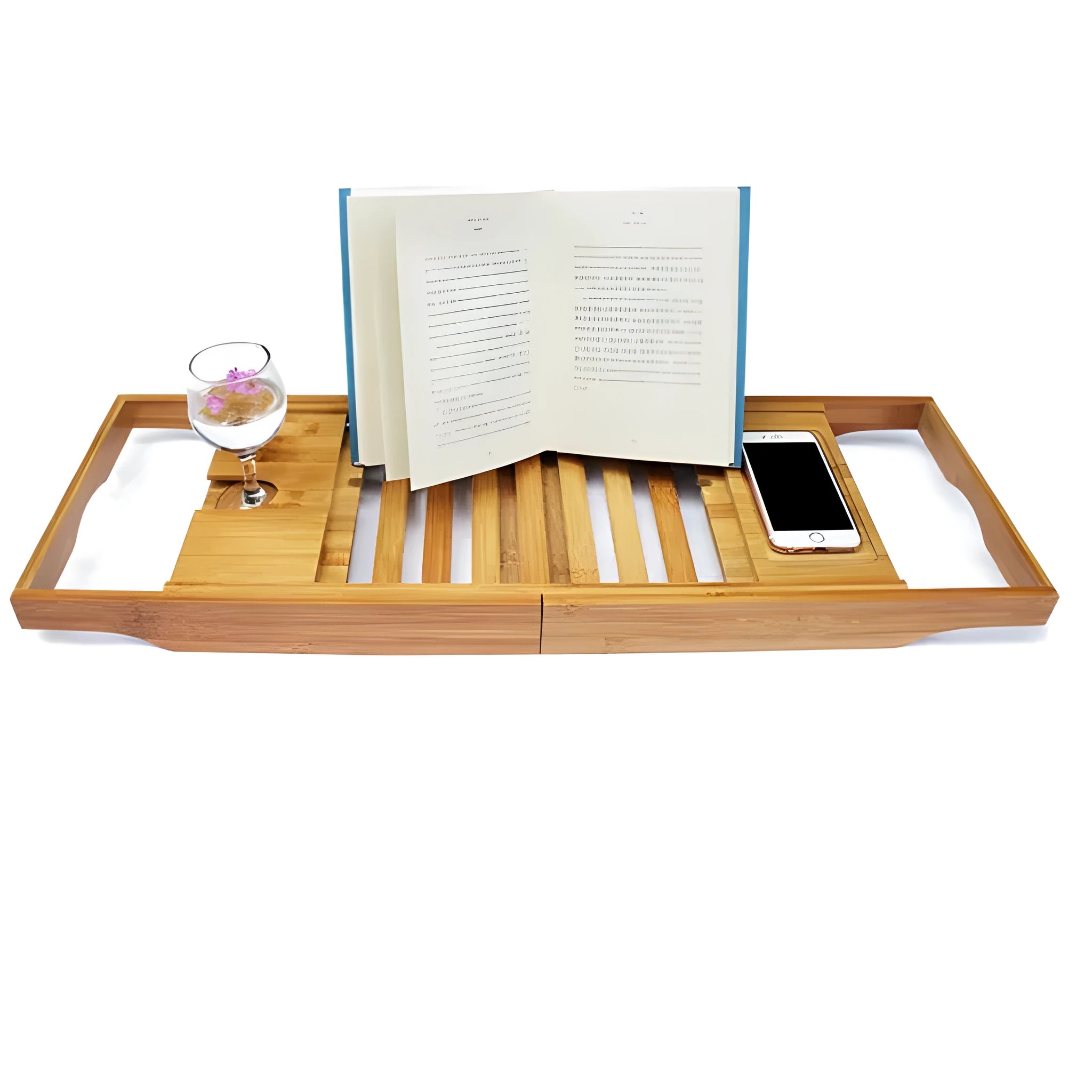 Bamboo bathtub storage frame for bathroom organisation with single-tier desktop design