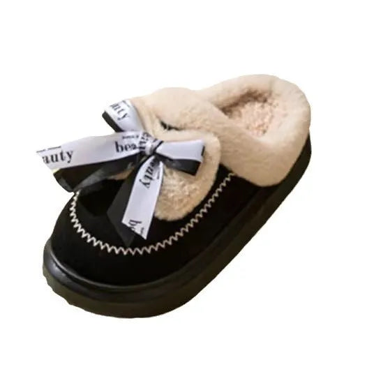Women's beige suede half slippers with ribbon bow decoration and thick cotton sole