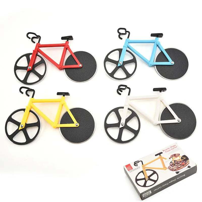Bicycle-shaped pizza cutter with stainless steel blade and hand-grip handle on a cutting board