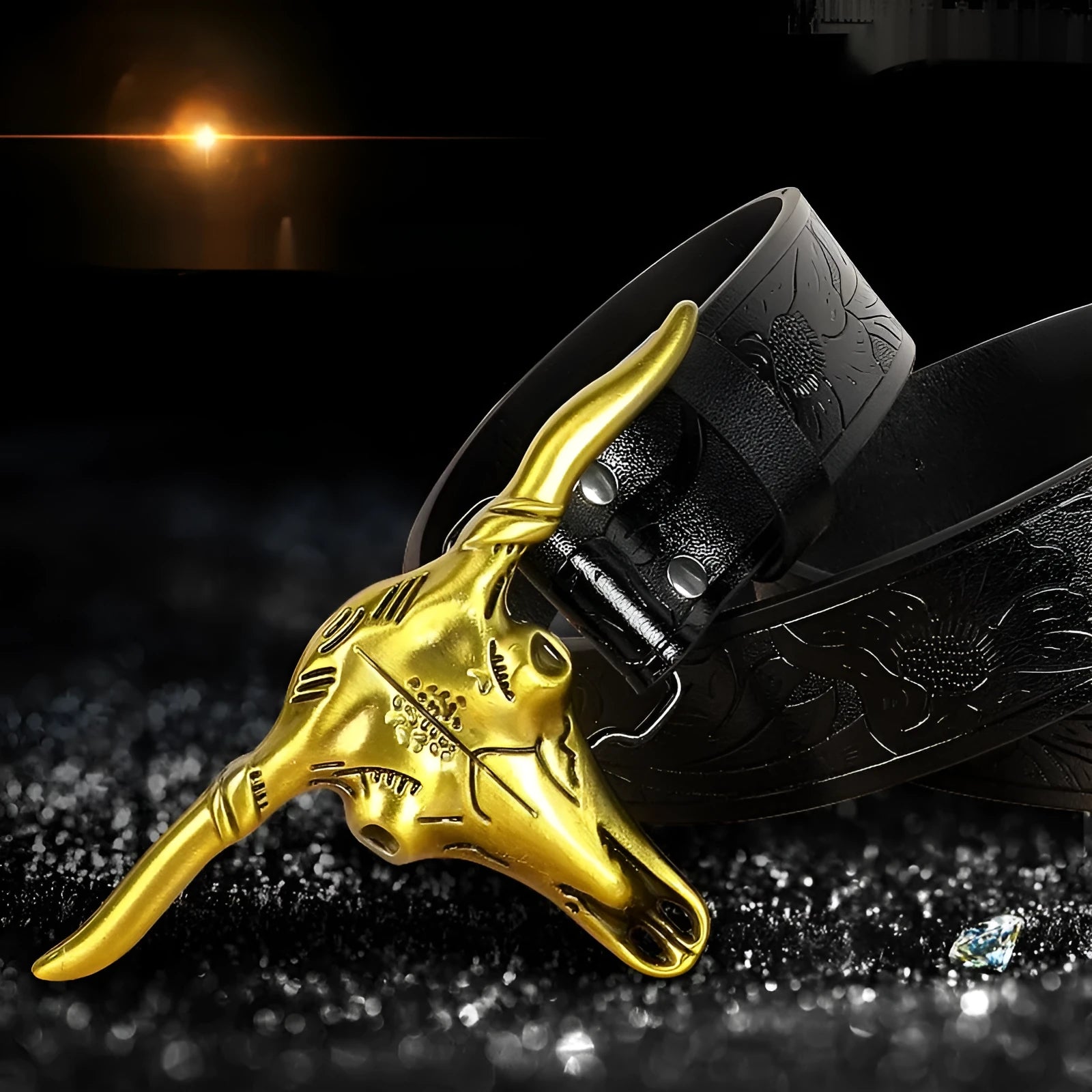 Men's brown imitation leather belt with decorative alloy cow head buckle and pin buckle fastening