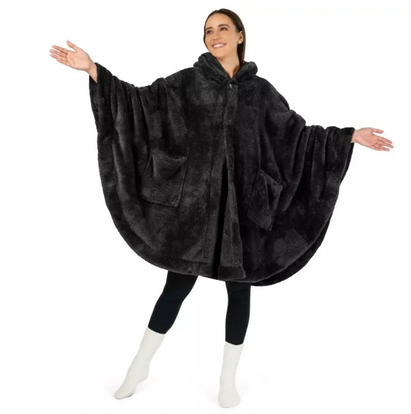 A thick, hooded, long-sleeve bathrobe in a solid colour, shown on a hanger.