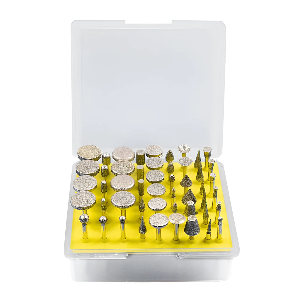 Set of gold-coloured alloy grinding heads with elliptical cone shapes and 3mm shanks