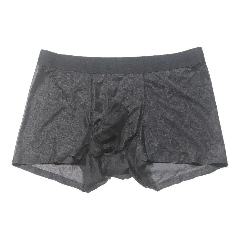 Plus size men's transparent ice silk shorts in multiple colours on a mid waist, showing seamless construction.
