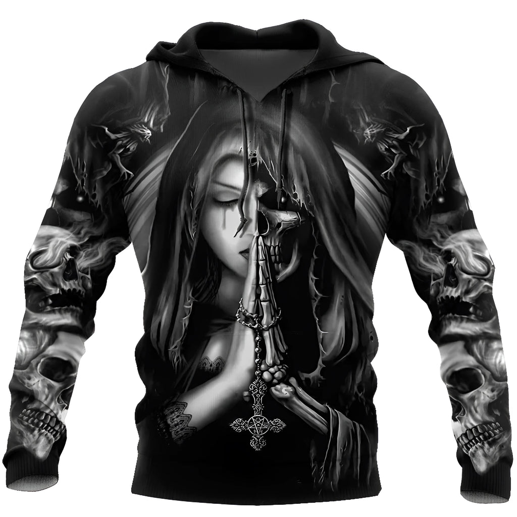 Halloween skull anime 3D printed hooded sweatshirt in one of three colour styles, shown on a model