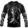 Halloween skull anime 3D printed hooded sweatshirt in one of three colour styles, shown on a model