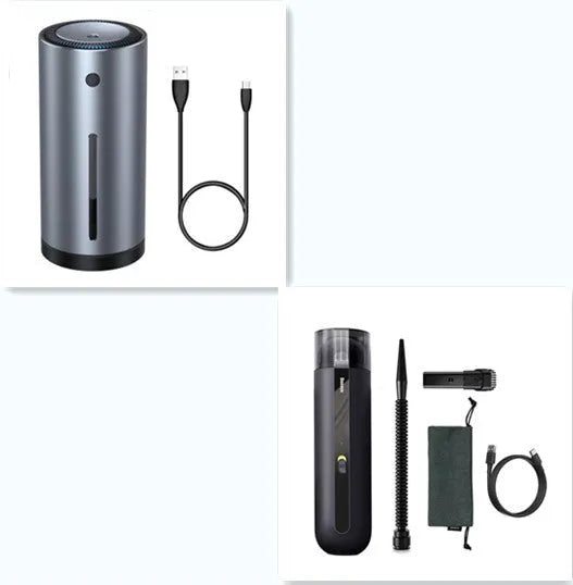 Baseus handheld cordless car vacuum cleaner with blowing hose, shown in black next to its 60ml dust cup.