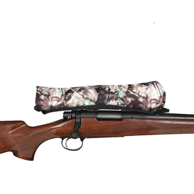 Reversible neoprene scope cover for rifle or shotgun in black and camouflage print lying flat