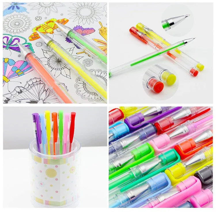 Set of 100 assorted colour gel pens with dual tips, shown in packaging.