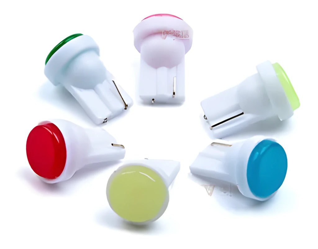 T10 12V automotive LED light bulb in multiple colours showing compact size and 3D COB design.