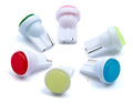 T10 12V automotive LED light bulb in multiple colours showing compact size and 3D COB design.