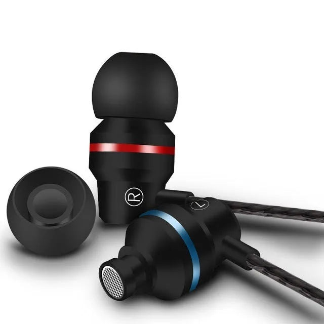 Wired in-ear headphones with microphone, showing straight 3.5mm plug and choice of black, gold, red, rose red, and silver colours.