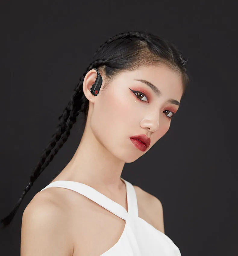 Black wireless Bluetooth in-ear headset with two earbuds on a white background.
