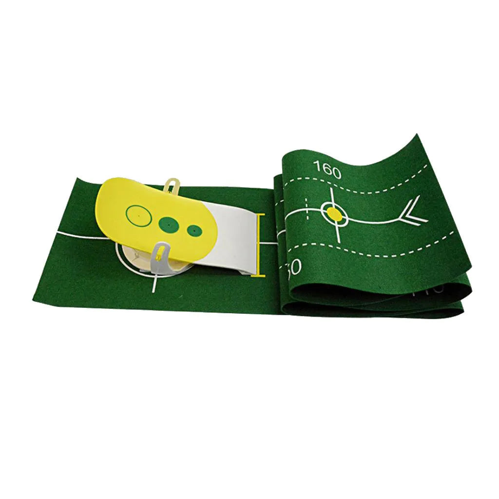 Precision putter exerciser on a green non-woven blanket with a 27cm simulator target for indoor golf practice