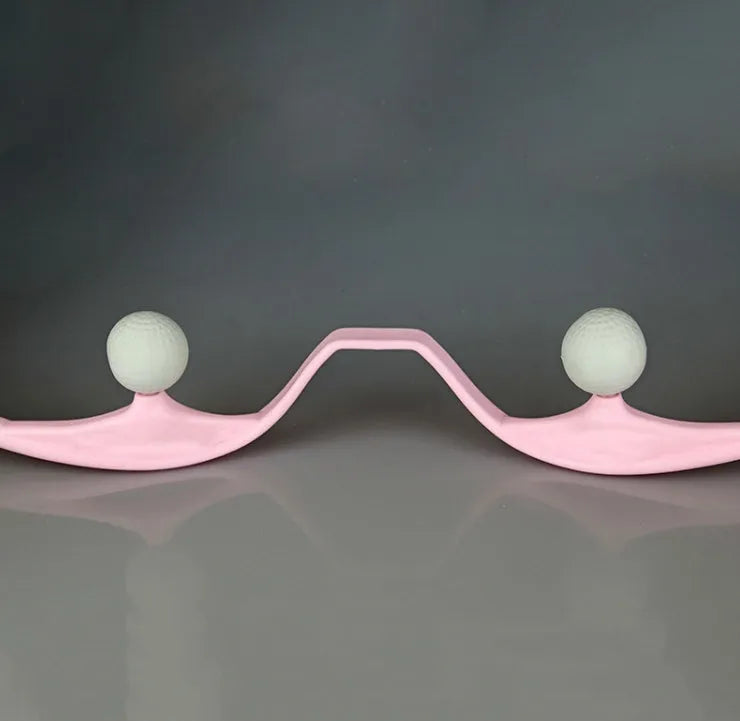 Plastic hand roller neck massager with adjustable stand in pink, blue, and green colours.
