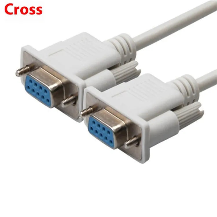 Milky white DB9 female to female RS232 serial cable with 1.5m length for null modem connections.