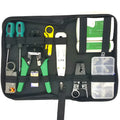 Network toolkit combination set in tool bag with crimping pliers, tester, knives, screwdrivers and RJ45 crystal heads