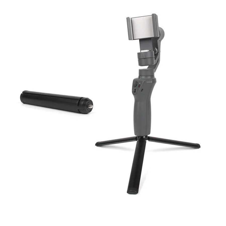 Black aluminium mobile phone tripod and handheld stabiliser accessory compatible with Apple iPhone smartphones