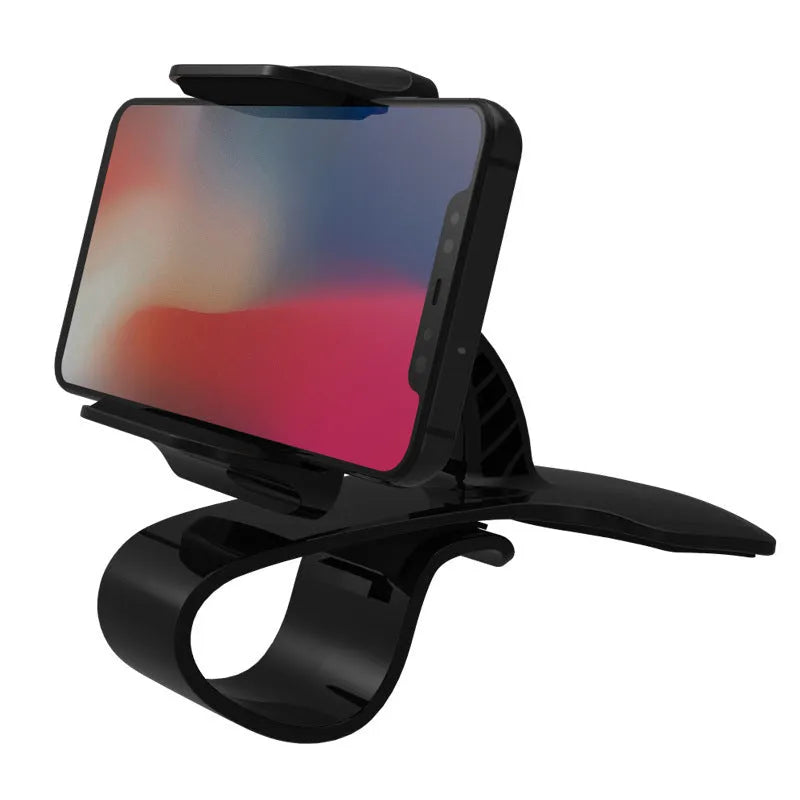 A black ABS plastic and silicone dashboard edge car phone holder mounted on a car dashboard.