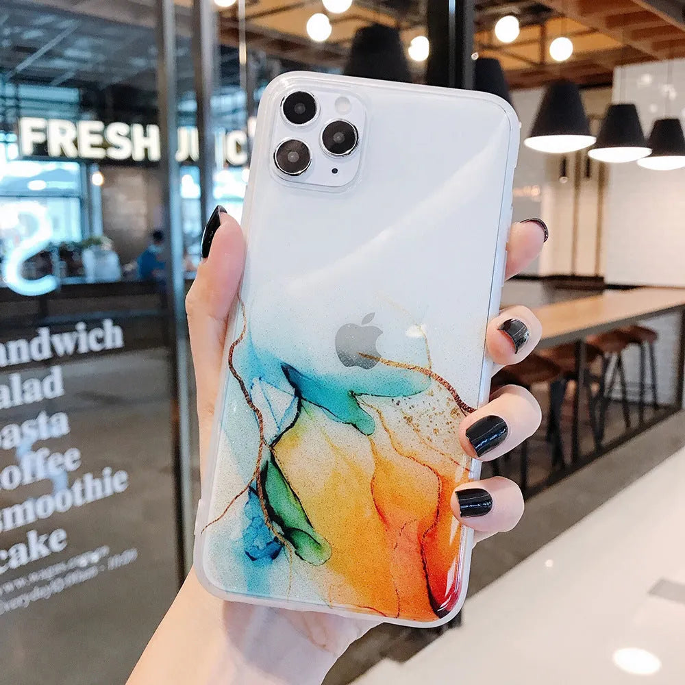 Gradient silicone phone case with glitter finish for Apple iPhone showing back cover design