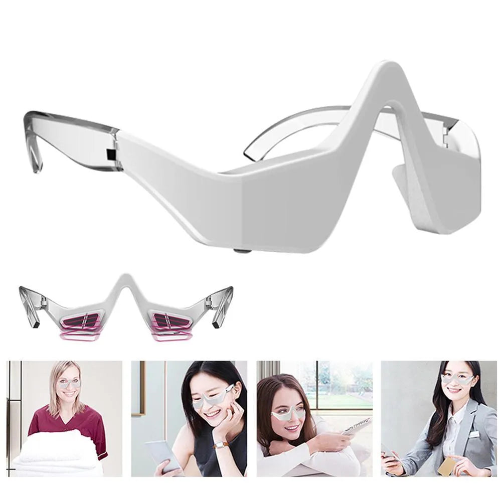 3D micro-current eye massager with glasses design on a pink background.