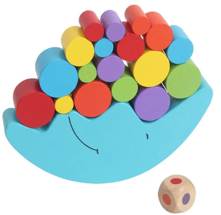 Wooden Moon balance toy in blue and yellow colours for toddlers aged 2-4 years
