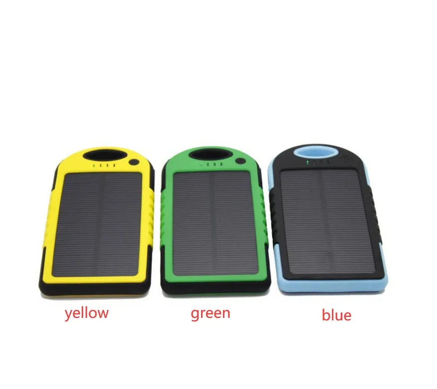 Solar power bank 8000mAh dual battery charger with 1W monocrystalline panel, IPX4 waterproof, and carabiner on backpack