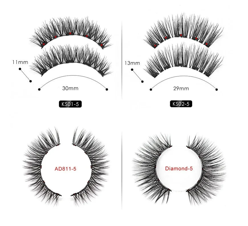 Magnetic liquid eyeliner and 5 pairs of magnetic false eyelashes set with tweezer and case, handmade faux mink, 5 magnets each