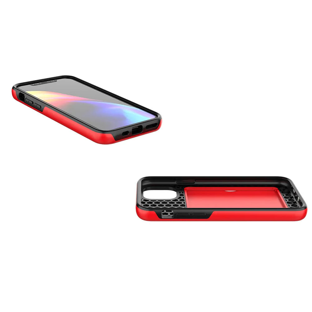 Solid colour iPhone case with hard back and flexible sides for iPhone 11, 11 Pro, and 11 Pro Max in black, blue, red, and purple.
