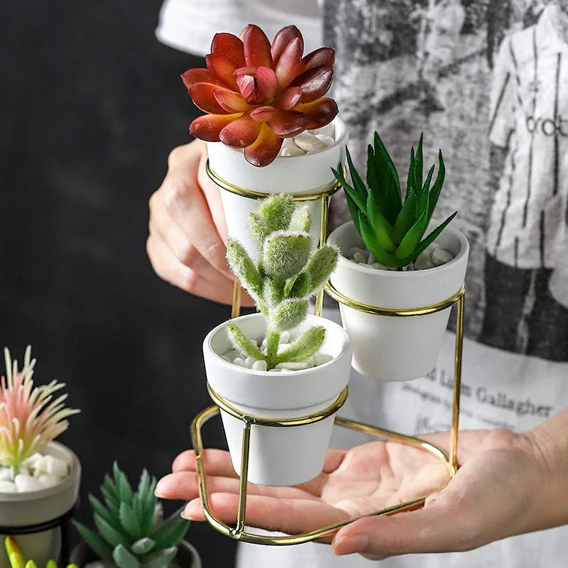 Set of grey pottery flower pots with electroplated metallic finish in multiple colour options