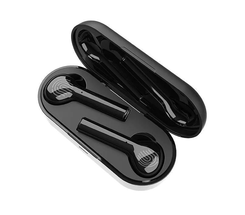 Black or white wireless in-ear headphones with charging case showing touch controls and Bluetooth 5.0 connectivity