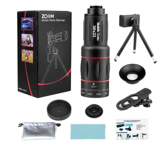 18x mobile telephoto lens with universal clip and flexible aluminium tripod for Samsung smartphone photography