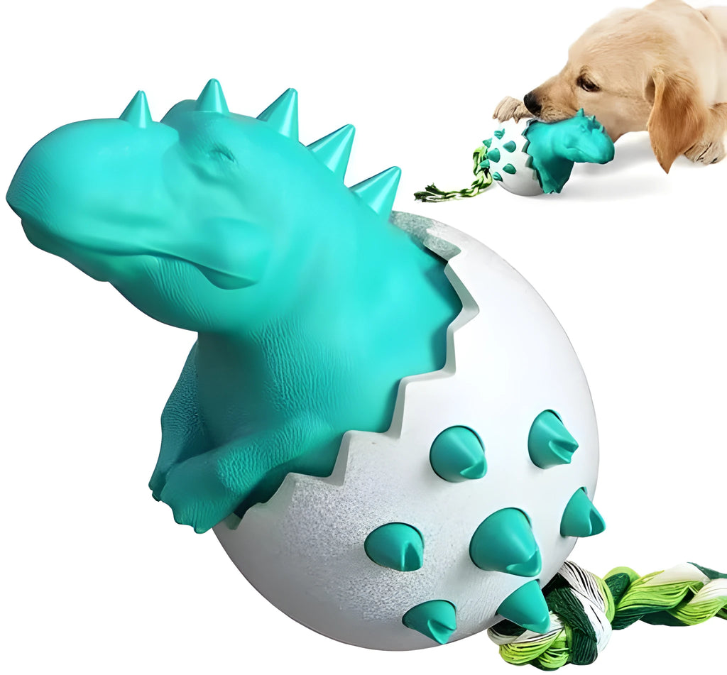 Blue durable rubber dog chew toy with integrated rope and textured surface for dental cleaning.