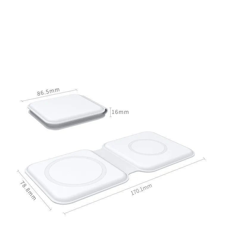 White foldable dual magnetic wireless charging dock showing 15W QI fast charging for two phones.