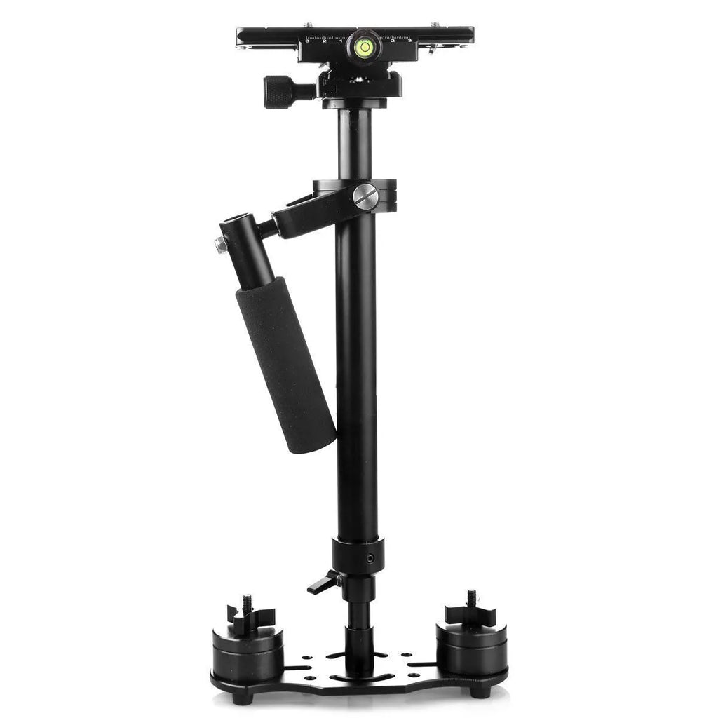 Black aluminium alloy handheld camera stabiliser with adjustable height, shown with a camera attached.