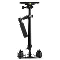 Black aluminium alloy handheld camera stabiliser with adjustable height, shown with a camera attached.