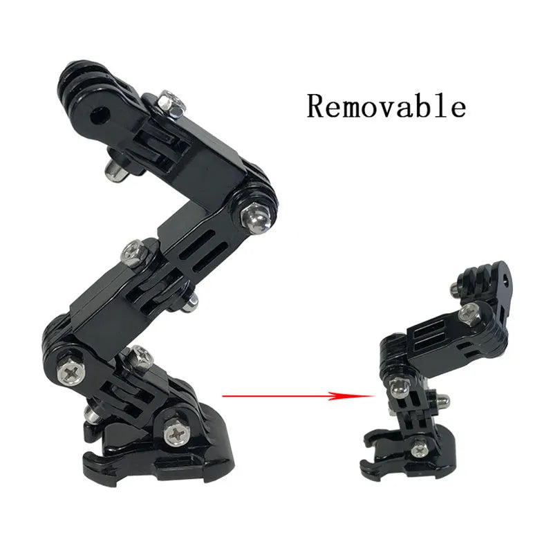 Black camera bracket mounted on a motorcycle helmet, made of ABS and stainless steel