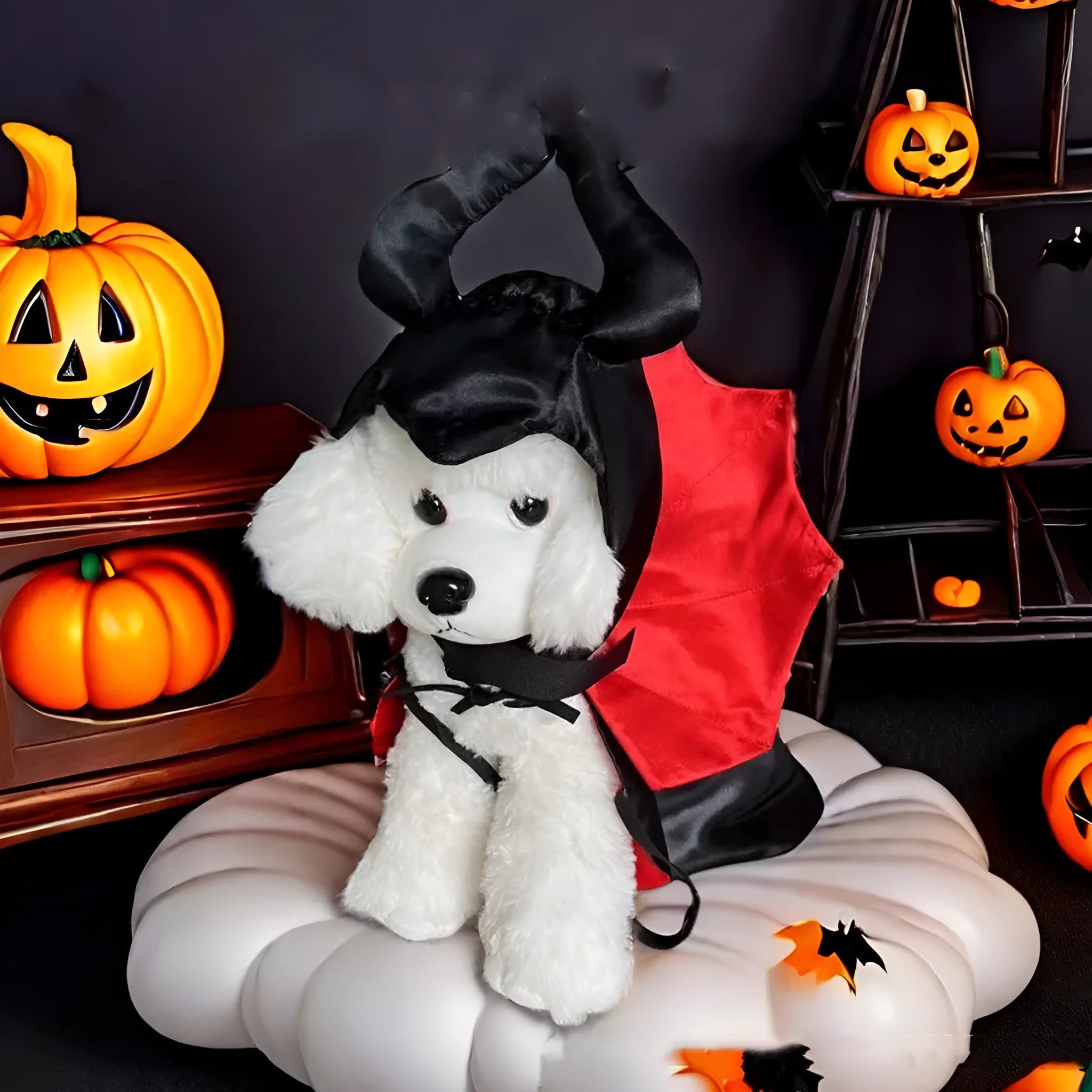 Halloween bat cloak and hat set for pets in red or purple polyester