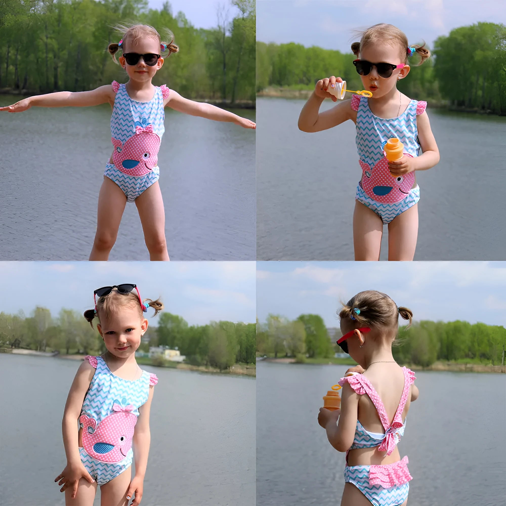 Baby girls watermelon print one-piece swimsuit in polyester fibre, front view, summer swimwear for toddlers