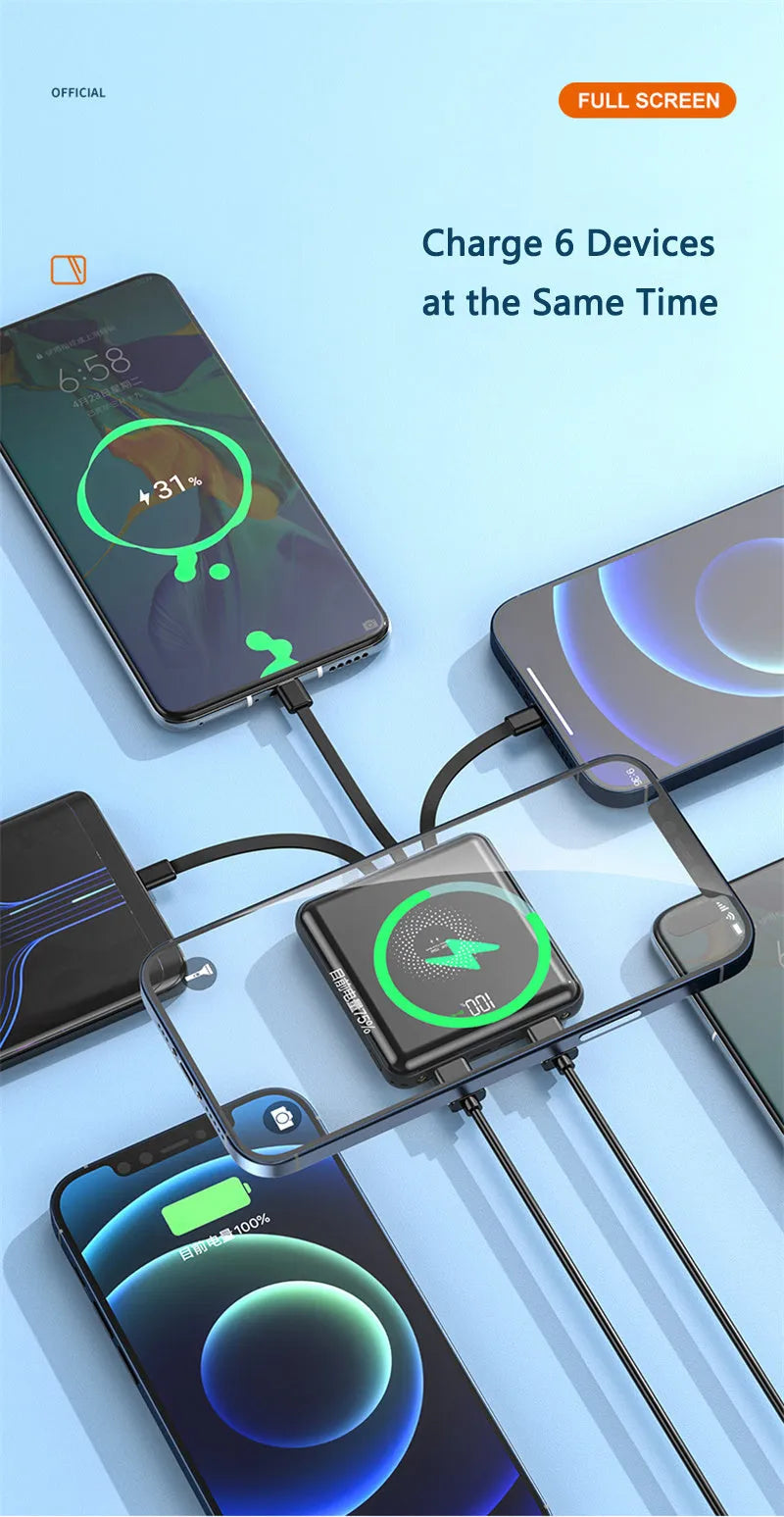 20000mAh portable power bank with LCD display showing black, green, and red colour options