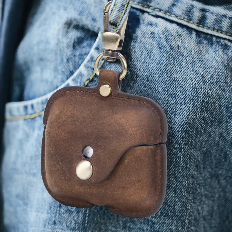 Vintage brown leather clamshell case for Apple AirPods Pro wireless earphones.