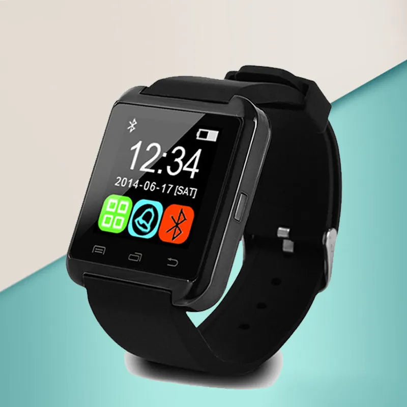 U8 Bluetooth smartwatch in black, red, or white colours on a wrist showing call screen.